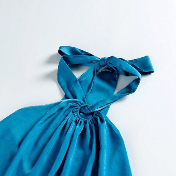 Blue Casual Women's Criss Cross Sleeveless Self-Tie Halter Backless Maxi Dress - Picture 3 of 6